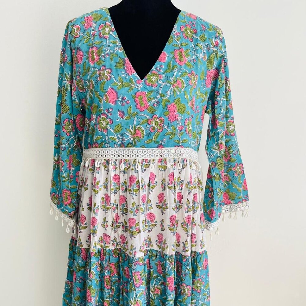 BRAND NEW Hand Block Printed Cotton Maxi Dress: Bohemian Floral Tiered Dress